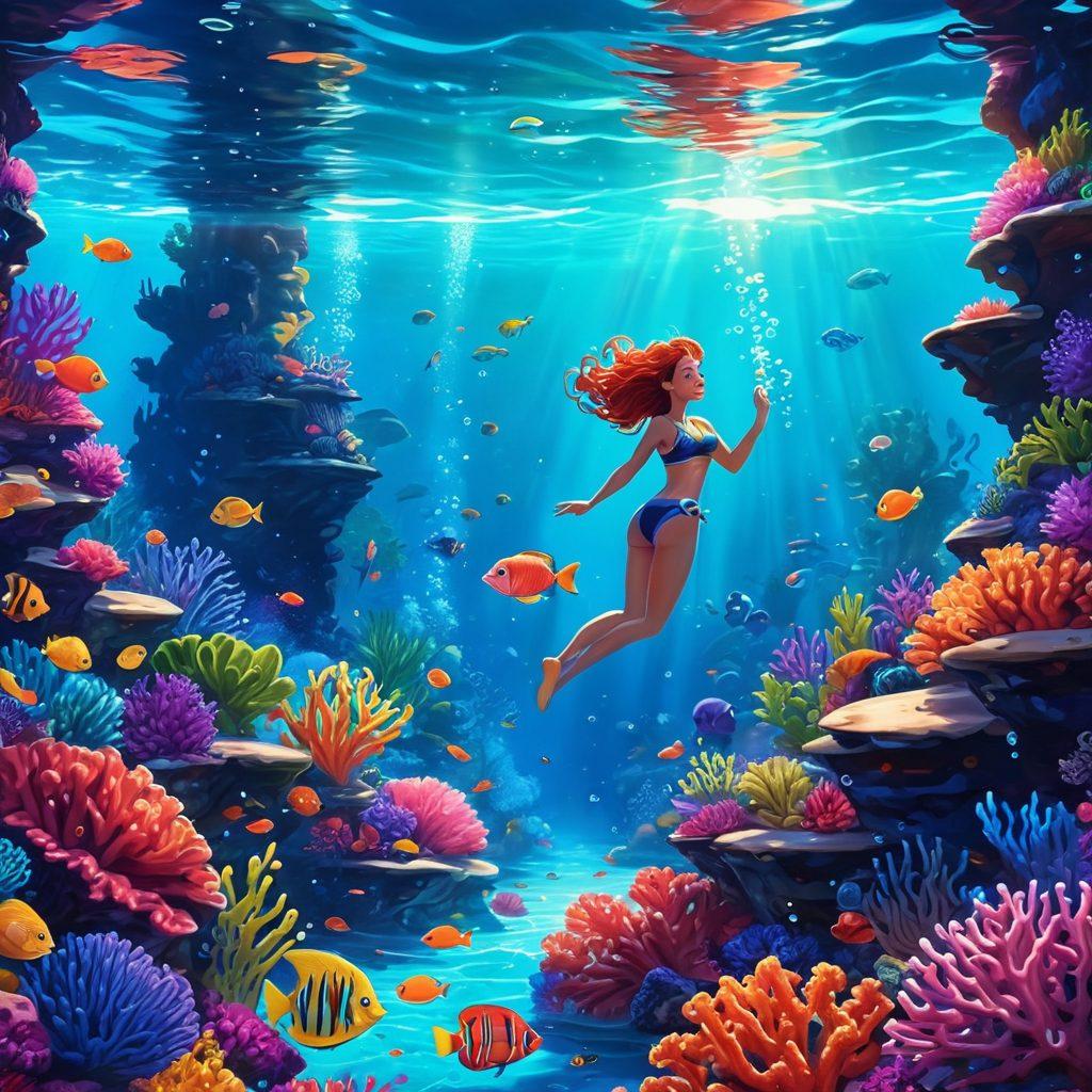 A sensually designed, vibrant underwater scene depicting animated characters, with playful elements like bubbles and colorful coral reefs surrounding them. Incorporate soft lighting to create an inviting atmosphere, while ensuring a tasteful representation of desire. The background should have a dreamy quality, enhancing the theme of exploration and adventure in adult animation. vector art. vibrant colors.